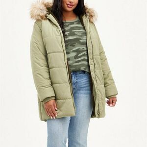 Torrid 1X Olive Nylon Fur Trim Fit and Flare Puffer Jacket Size 14-16